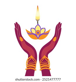 Two hands holding a candle and a flower. The candle is lit, and the flower is purple. Scene is warm and inviting, as the candle and flower symbolize light and beauty