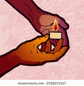 Two hands holding a candle. Vector graphic illustration.