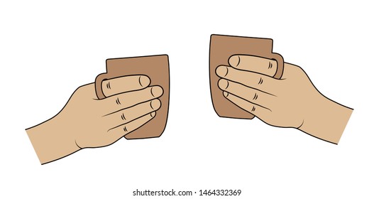 Two hands holding cappuccino coffee cups. Afternoon or morning conversation or business meeting coffee break. 