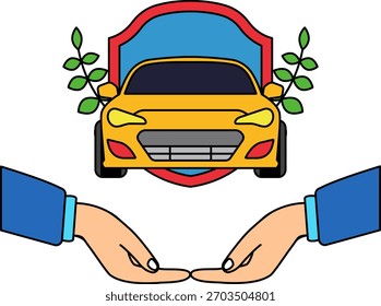 two hands holding a car in front of a shield