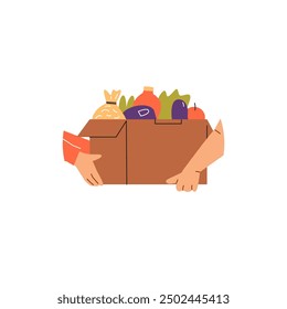 Two hands holding a cardboard box filled with groceries including bread, vegetables, and bottles. Vector illustration depicting food sharing and donation. Useful for community support, charity themes