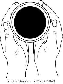 Two hands holding a ceramic cup with hot coffee or tea linear vector illustration hand drawing