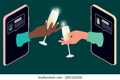 Two hands holding champagne glasses over the phone. Social distancing during the holidays.