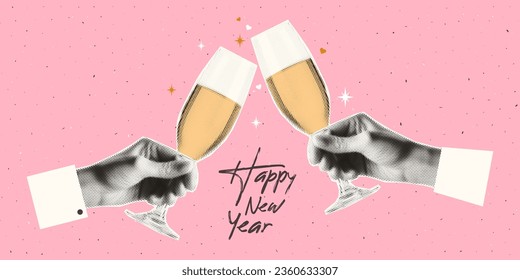 Two hands holding champagne glasses. Trendy halftone collage style. Merry Christmas and Happy New Year banner.