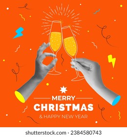 Two hands holding champagne glasses. Trendy halftone collage style. Merry Christmas and Happy New Year banner. Vector illustration