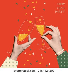 Two hands holding champagne glasses. Trendy halftone collage in retro paper style. 2025 Merry Christmas and Happy New Year banner template. Vector illustration