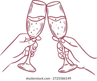 Dos manos sosteniendo copas de champán tintineando juntas en celebración en un evento festivo en una ocasión alegre
