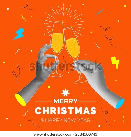 Two hands holding champagne glasses. Trendy halftone collage style. Merry Christmas and Happy New Year banner. Vector illustration