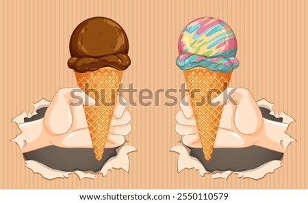 Two hands holding chocolate and rainbow ice cream