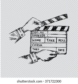 Two hands holding a cinema clap. Doodle style