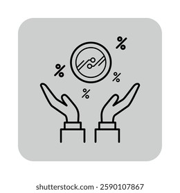 Two hands holding circular icon representing cryptocurrency, surrounded by symbols indicating percentages. Growth and investment potential concept