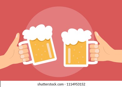 Two hands holding and clinking with beer glasses mug