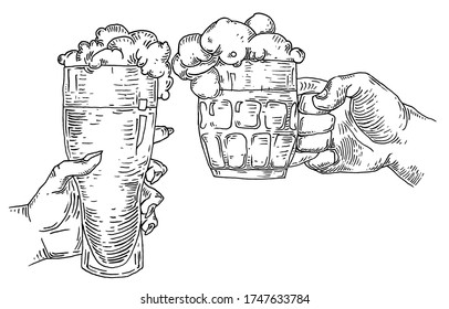 Two hands holding and clinking beer glass. Vintage vector black engraving illustration for web, poster, invitation to party. Isolated on white background. Side view