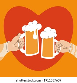 Dos manos sujetando gafas de cerveza. Celebrando con un amigo y un vaso de cerveza. Ilustración vectorial plana con forma cardíaca sobre un fondo. El concepto de amor a la cerveza. 