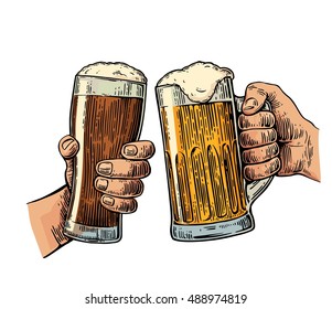 Two hands holding and clinking with two beer glasses mug. Vintage vector color engraving illustration for web, poster, invitation to party. Isolated on white background.