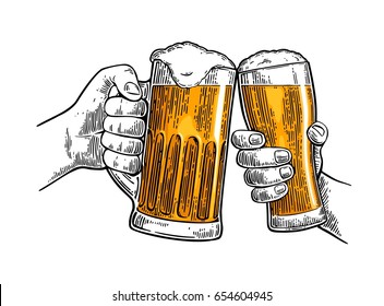 Two hands holding and clinking with two beer glasses mug. Vintage color vector engraving illustration for web, poster, invitation to party. Isolated on white background.