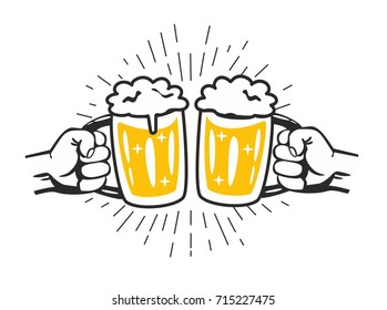 Two hands holding and clinking with two beer glasses mug. 