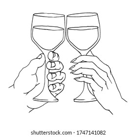 Dos manos sujetando y obstruyendo el vino de vidrio. Vintage vector ilustración negra para web, afiche, invitación a fiesta. Aislado sobre fondo blanco. Vista lateral