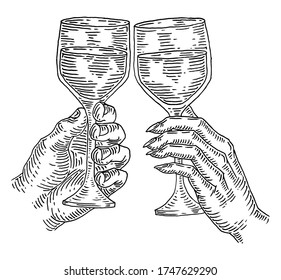 Dos manos sujetando y obstruyendo el vino de vidrio. Ilustración vectorial vintage de grabado negro para web, afiche, invitación a fiesta. Aislado sobre fondo blanco. Vista lateral