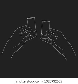 Two Hands holding and clinking vodka and tequila shots. Alcohol glasses background. Cocktail bar drink menu label. Vector illustration.