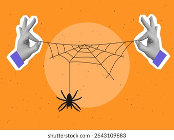 Two hands holding a cobweb with a spider. Modern photo collage style. Vector illustration