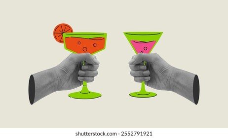 Two hands holding cocktail glasses pop art illustration. Cheers and toast for celebration. Fancy drink concept. Flat illustrative collage.