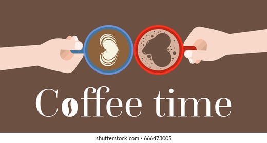 Two Hands holding coffee cups in aerial view with latte art and crema of heart shape, flat design for coffee time concept