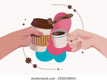 Two hands holding coffee drinks, cheers. Toast with latte in paper cup and espresso cup. Flat graphic vector illustration isolated on white background