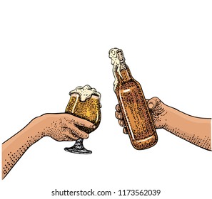 Two hands  holding  cold beer glass and bottle. Retro fashioned illustration