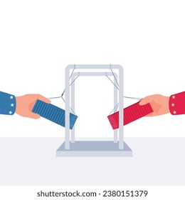 dos manos sosteniendo un contenedor y a punto de chocarlo entre ellas, una metáfora de una guerra comercial. Simple ilustración conceptual plana.