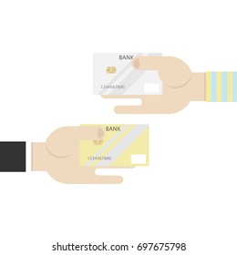 Two hands holding credit cards.Flat isolated  illustration