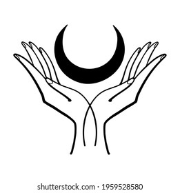 Two hands holding a crescent moon, hand drawing in oriental style, boho sticker, vintage logo. Linear icon for astrology, tarot. Vector illustration isolated on white background.