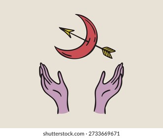 Two hands holding a crescent moon pierced by an arrow, boho mystical witchy hand drawn style. Vector illustration.