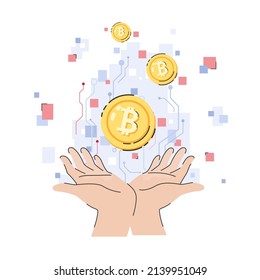 Two hands holding cryptocurrency coins on digital circuit background cartoon flat vector illustration isolated on white background. Cryptocurrency investment in modern technology concept. svg