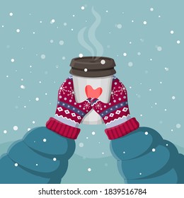 Two hands holding a cup of hot drink. Magic winter cozy illustration. Knitted winter vintage gloves on snowy background. Colorful vector flat cartoon illustration. Hot drink to go.