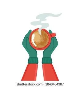 Two hands holding a cup of hot drink. Hands in mittens holding a cup of hot tea or coffee. Magic winter cozy illustration. Hot drink to go.Design for sticker, postcard, holiday invitation, poster.