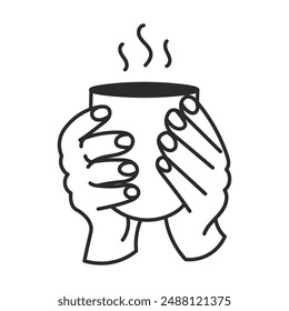 Two hands holding Cup with Hot Drink Doodle Icon. Hand drawn gesture with Coffee or Tea Mug with Steam. Drinking warm beverage. Isolated vector illustration