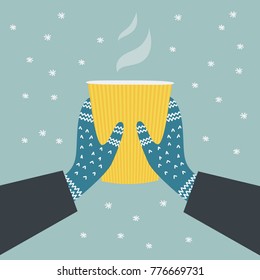 Two hands holding a cup of hot drink. Winter cozy illustration. Knitted winter gloves on snowy background.  Colorful vector flat cartoon illustration. Digitally hand drawn. 