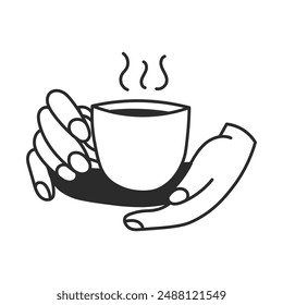 Two hands holding Cup with saucer doodle icon. Hot drink line symbol. Gesture with Coffe or tea cup with steam. Warm beverage. Isolated vector illustration.