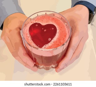 Two hands are holding a cup of wine with ice shaped heart. A romantic moment for couples to share love on their wedding, valentine, anniversaries. There are photo and vector versions for design idea