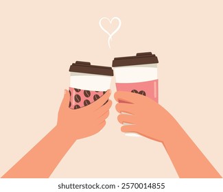 Two hands holding a cups of coffee with heart shape for couple concept. cute Valentines day lover with hearts in cup coffee vector.