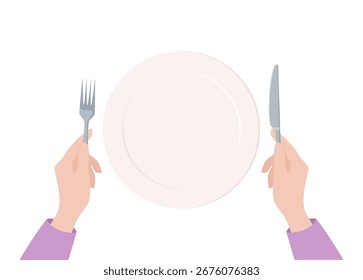 Dos manos sosteniendo un cuchillo y tenedor y un Grande plato vacío en el centro aislado en un fondo blanco, vista superior. Ilustración vectorial plana