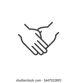 Two hands holding each other line icon. linear style sign for mobile concept and web design. Hands together outline vector icon. Symbol, logo illustration. Vector graphics