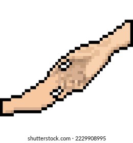 Dos manos sosteniéndose entre sí Arte Pixel. Estilo gráfico de computadora de la vieja escuela. Videojuego de 8 bits. aislado de fondo blanco. ilustración vectorial.