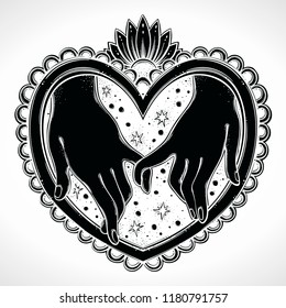 Two hands holding each others' little fingers are on the background of heart with night sky. Valentine's Day card design. Vector illustrathion isolated.