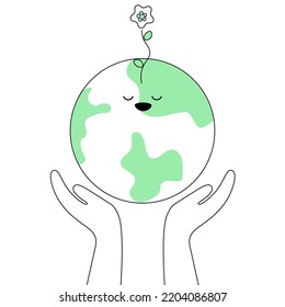 Two Hands Holding Up Earth. Earth Cartoon Smiling. Save The Planet. Praise Earth. Cute Green Globe Cartoon Vector Clip Art Illustration For Earth Day, World Environment Day And Other Uses.