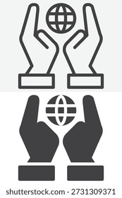 Dos manos que sostienen el globo terráqueo en diverso sistema del icono del estilo. Línea, contorno e ícono sólido con signo y Vector de trazo editable. Icono de las manos del globo para la protección, la ecología y el icono mundial.