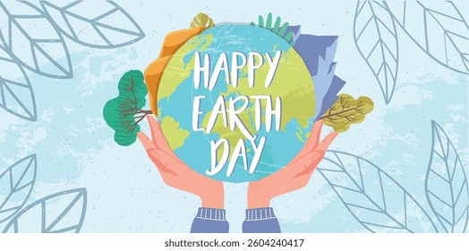 Two hands holding the Earth with nature elements like trees and mountains, in a flat graphic style on a light blue background. Concept of Earth Day celebration. Vector illustration