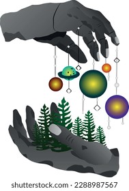 Las dos manos sujetando la tierra y los planetas 