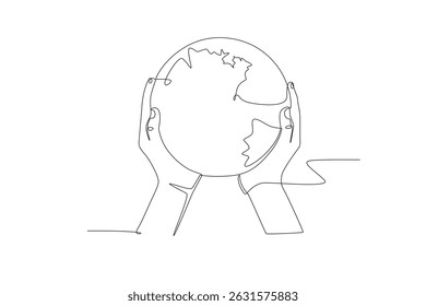 Two hands holding the earth. World environment day concept one-line drawing